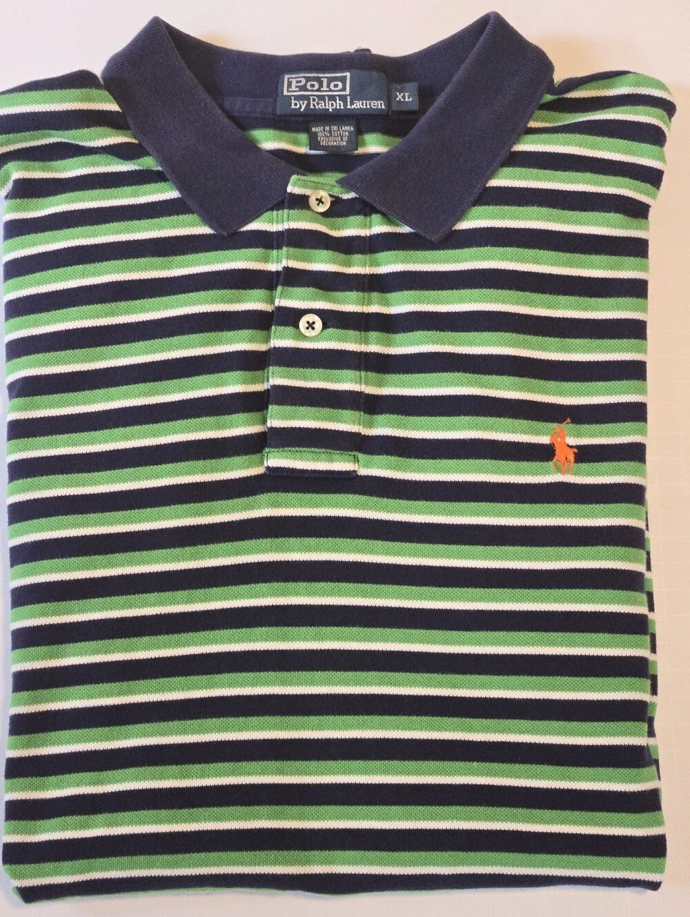 Vintage Polo Green & Navy w/ Orange Logo Striped Men's XL Polo Shirt